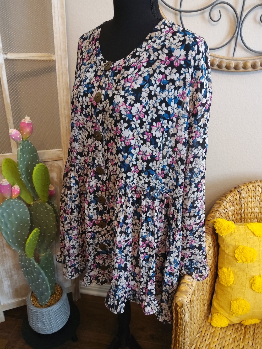 Terra & Sky Black Floral Button-Front Top with Pink & White Blossoms - Picture 3 of 12